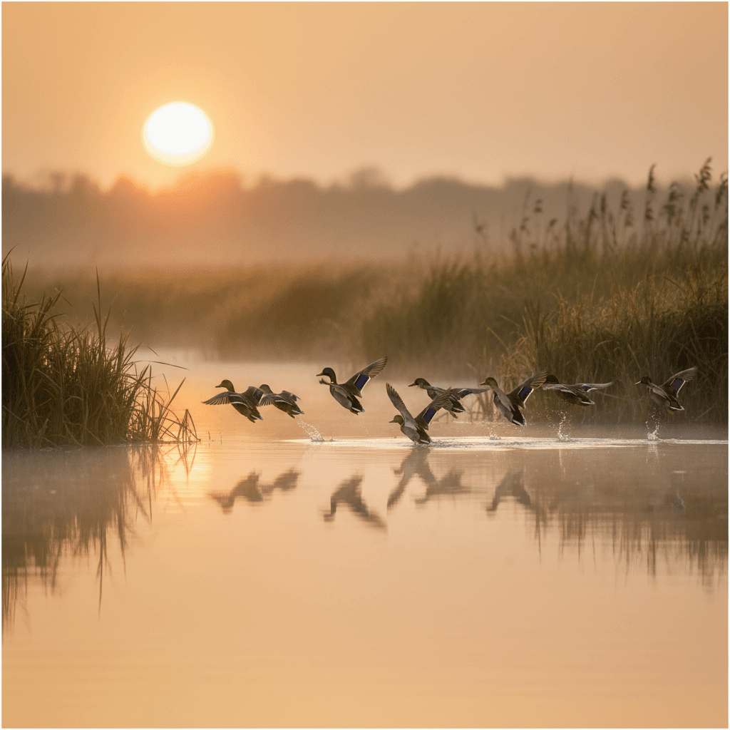 Ducks flying in formation over a marshland at sunrise with warm lighting