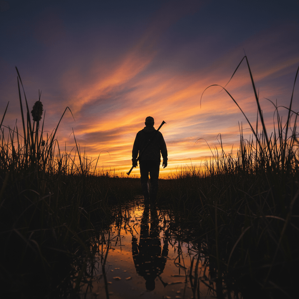 Silhouette of a hunter in a Richardson 220 hat walking through the marsh at sunset