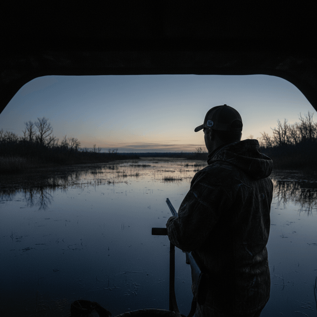 View from a duck blind of a hunter wearing a Richardson 254 hat at dawn