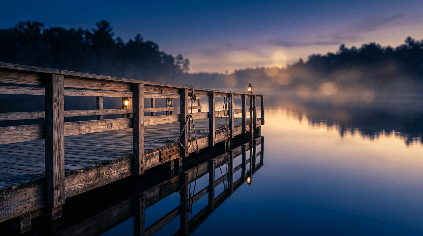 Richardson 254 hat resting on a wooden dock at dawn in the marsh