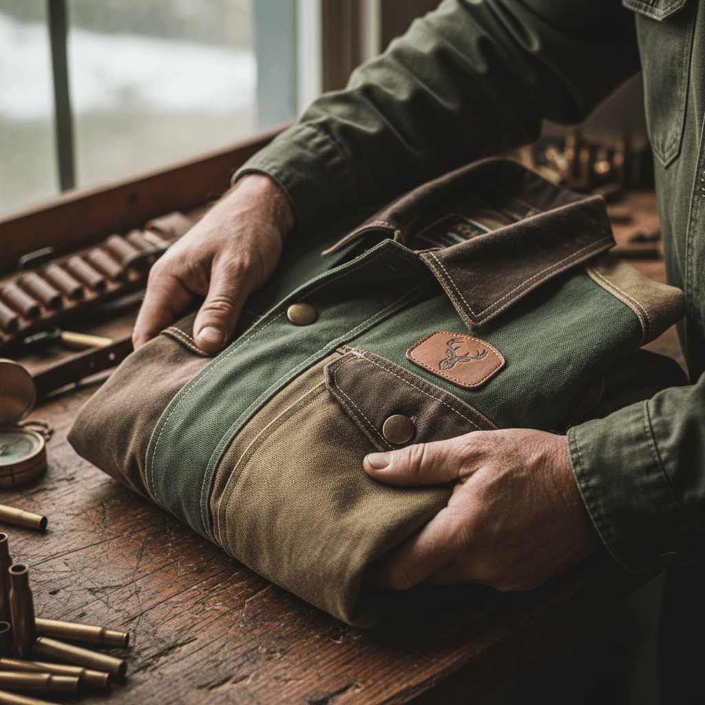 Hunter's hands placing wooden duck decoys in still marsh water at dawn