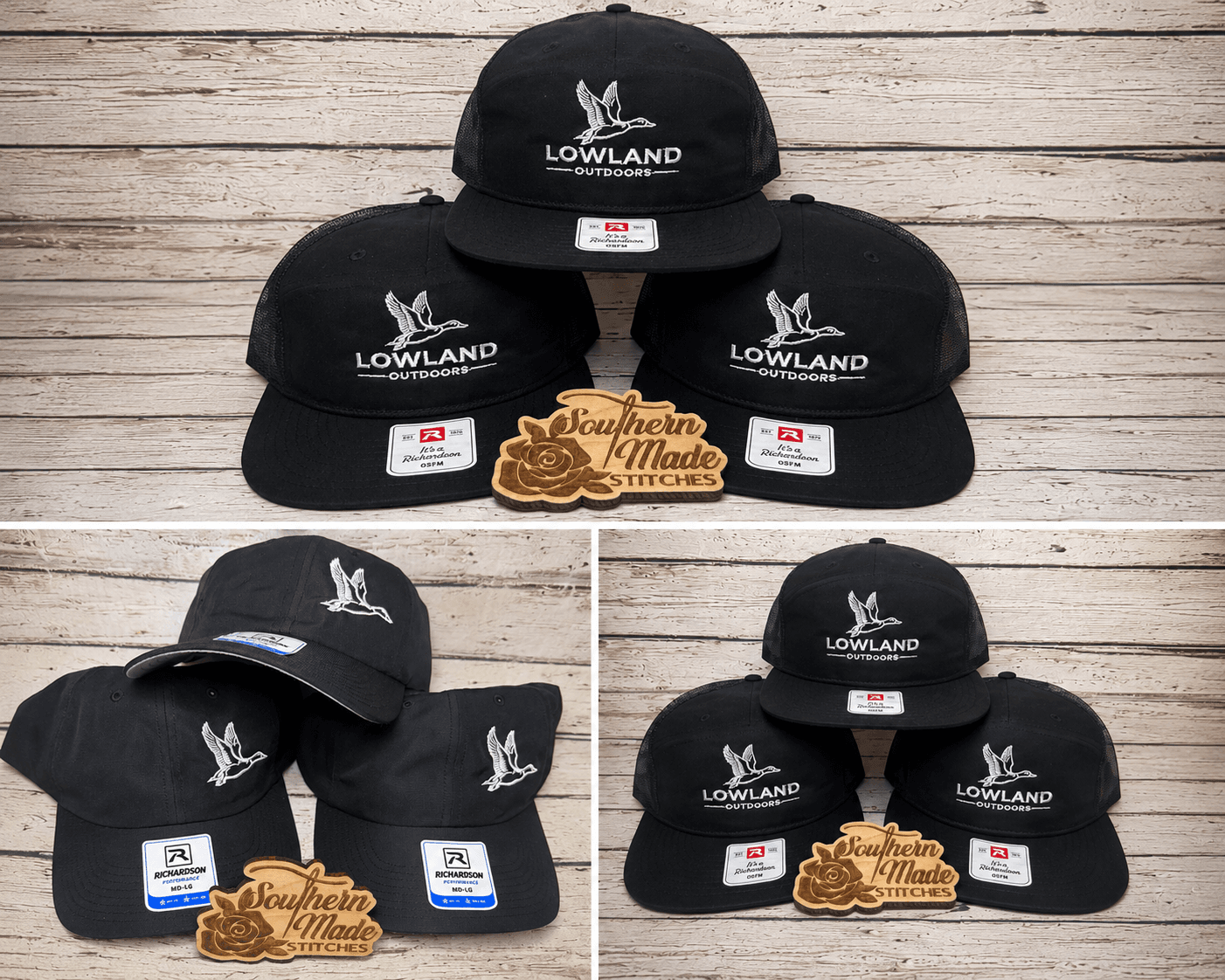 Black hats with white embroidered Lowland Outdoors duck logos on a light wooden background.