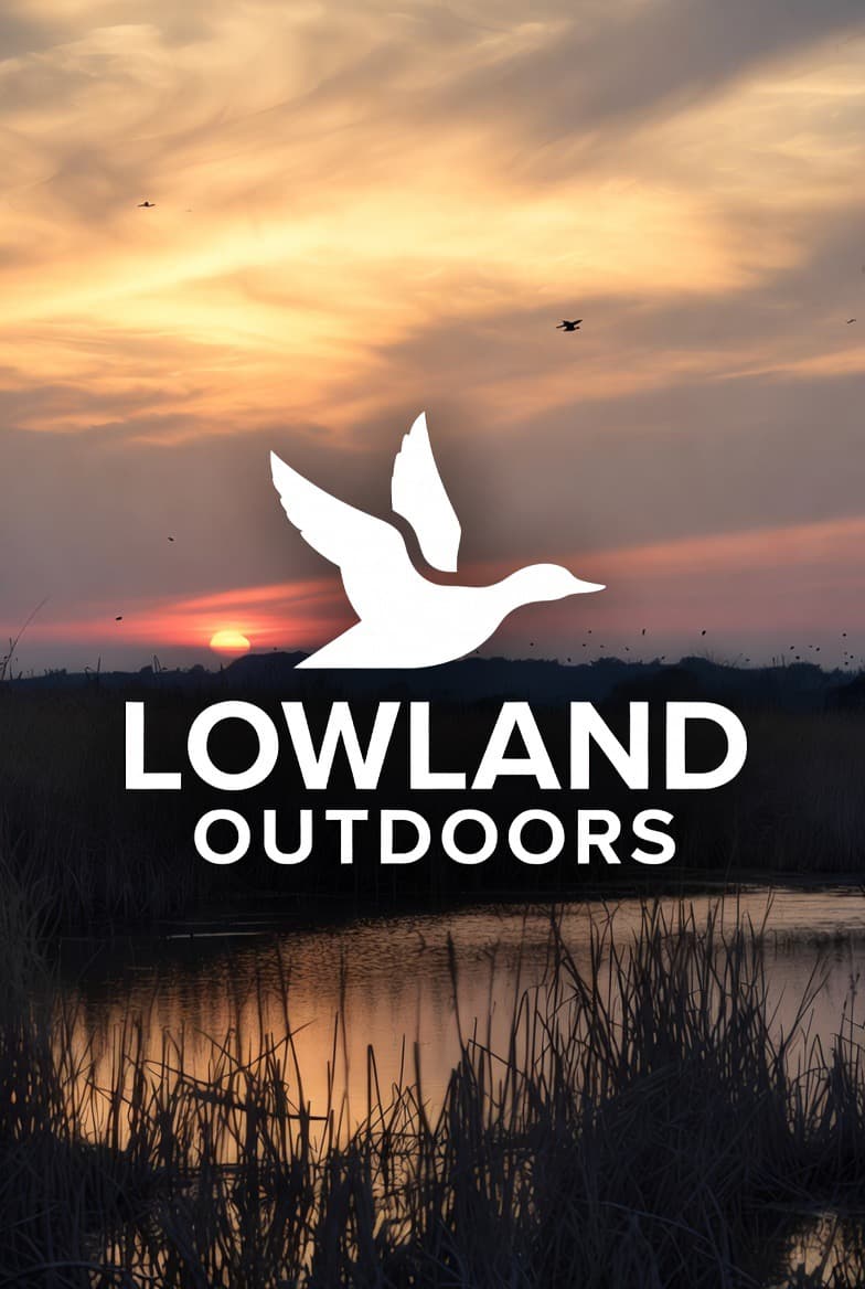 White duck silhouette and Lowland Outdoors text over a marshy lake at golden sunset.