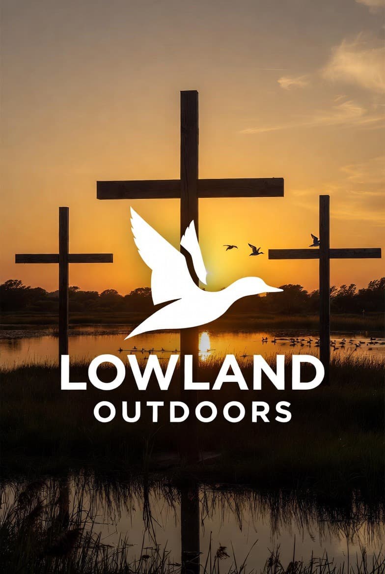 Lowland Outdoors logo with white duck silhouette over three wooden crosses at a marsh sunset.